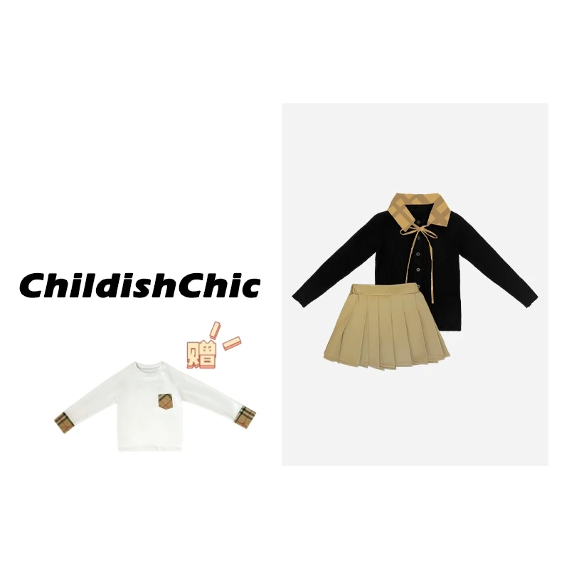 【ChildishChic高定童装】春季新款翻领格纹针织衫高定设计款套装
