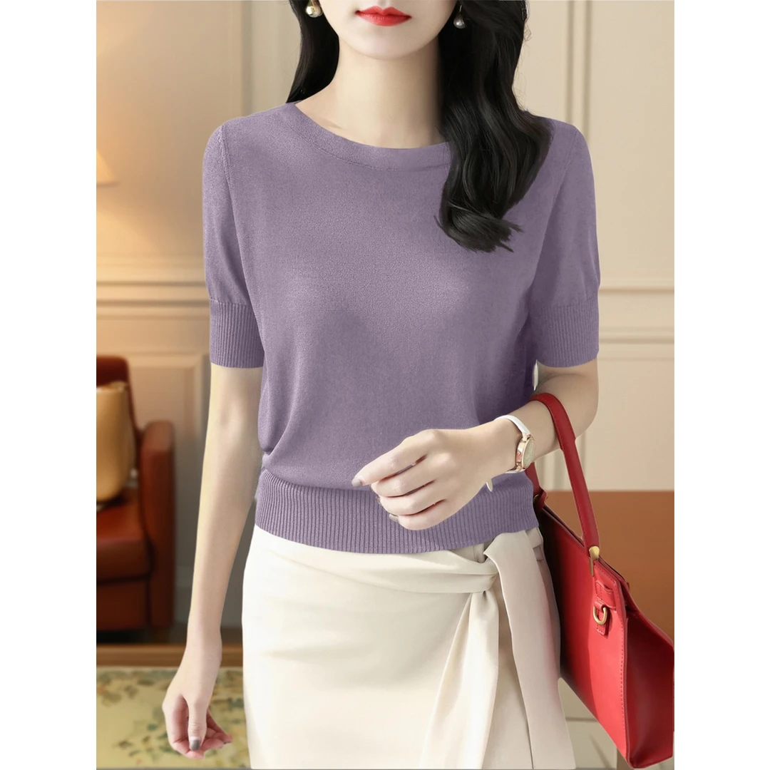 时尚显瘦气质一字领百搭针织衫上衣2025新款短袖宽松套头t恤女装