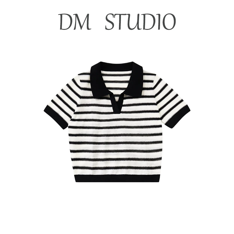 DM19223【潜力股】黑白撞色翻领复古减龄不挑身材百搭时尚上衣