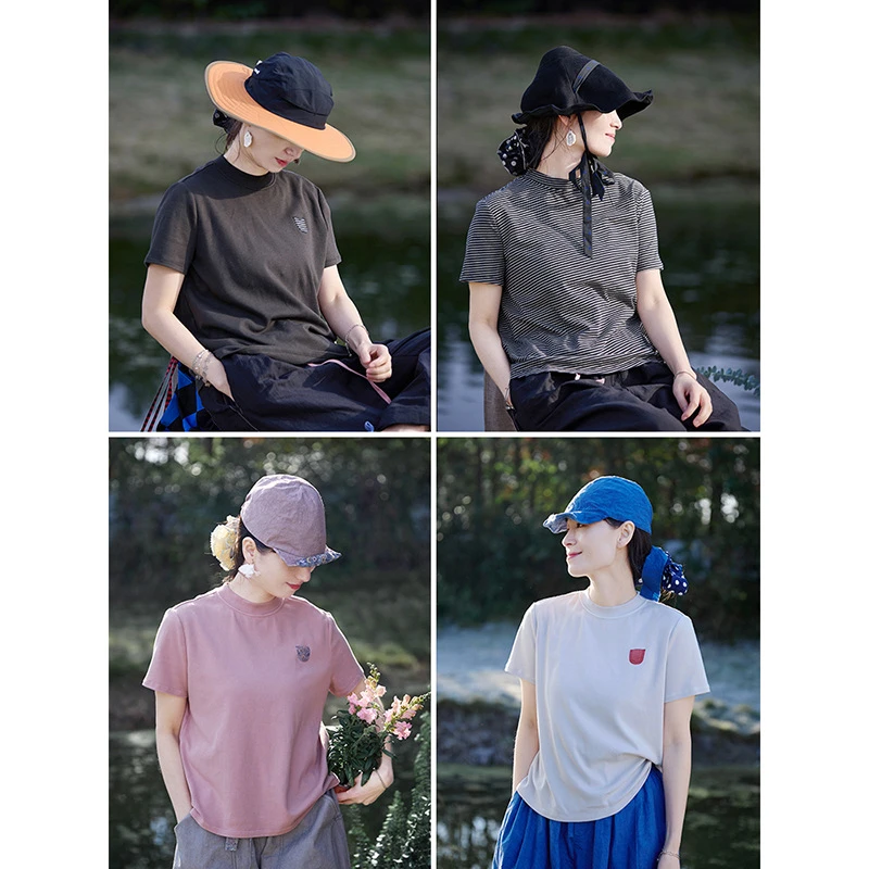 夏季新款文艺复古原创做旧弹力宽松针织打底显瘦百搭时髦短袖T恤