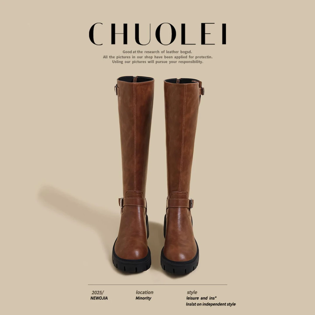 2025秋冬季新款粗跟长筒靴女棕色圆头不过膝高跟显瘦覆古骑士长靴