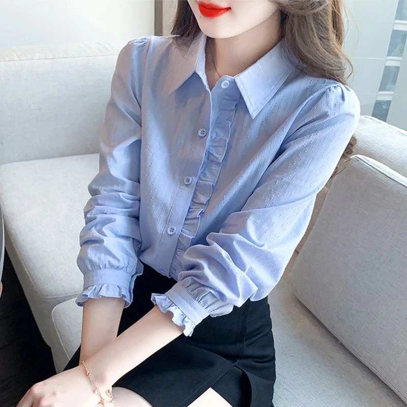 木耳边单排扣女士衬衣秋季2025新款宽松薄款上衣翻领长袖高级衬衫