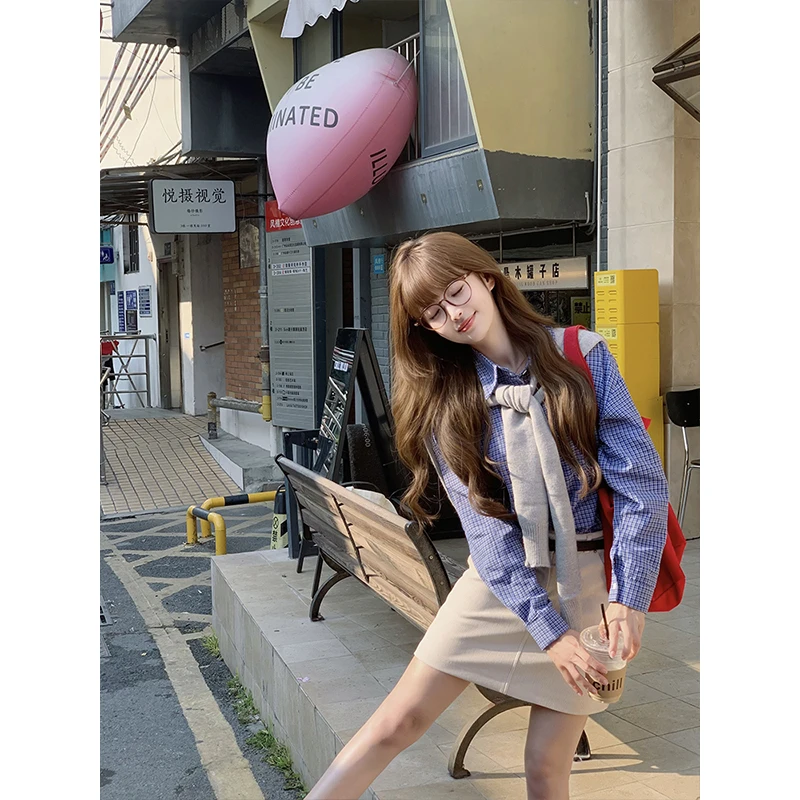 秋装搭配一整套2025超火韩系穿搭学院风披肩衬衫连衣裙子三件套装