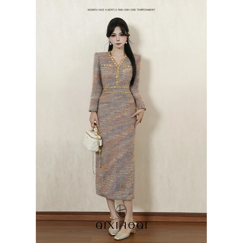 七小七Sicily【紫醉金迷】法式V领小香风重工连衣裙女冬季厚款长裙