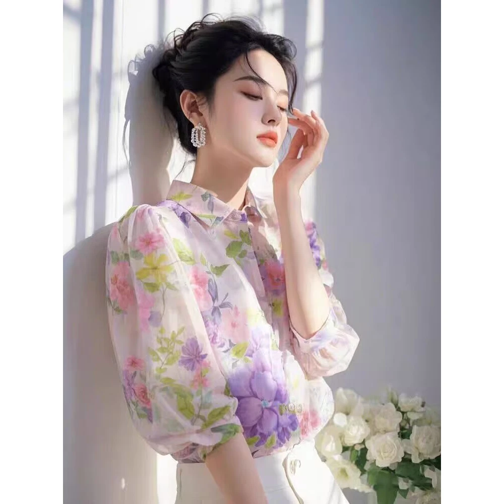 拉夏贝尔印花衬衫女款爆款2025网红洋气女炸街纯欲慵懒风衣服女装