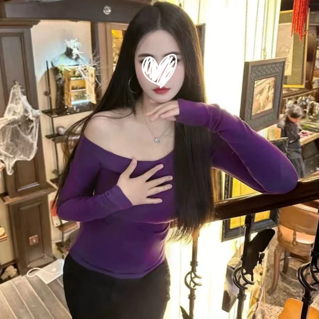 紫色不规则长袖恤女2025新款时尚紧身辣妹修身露肩短款小众女装