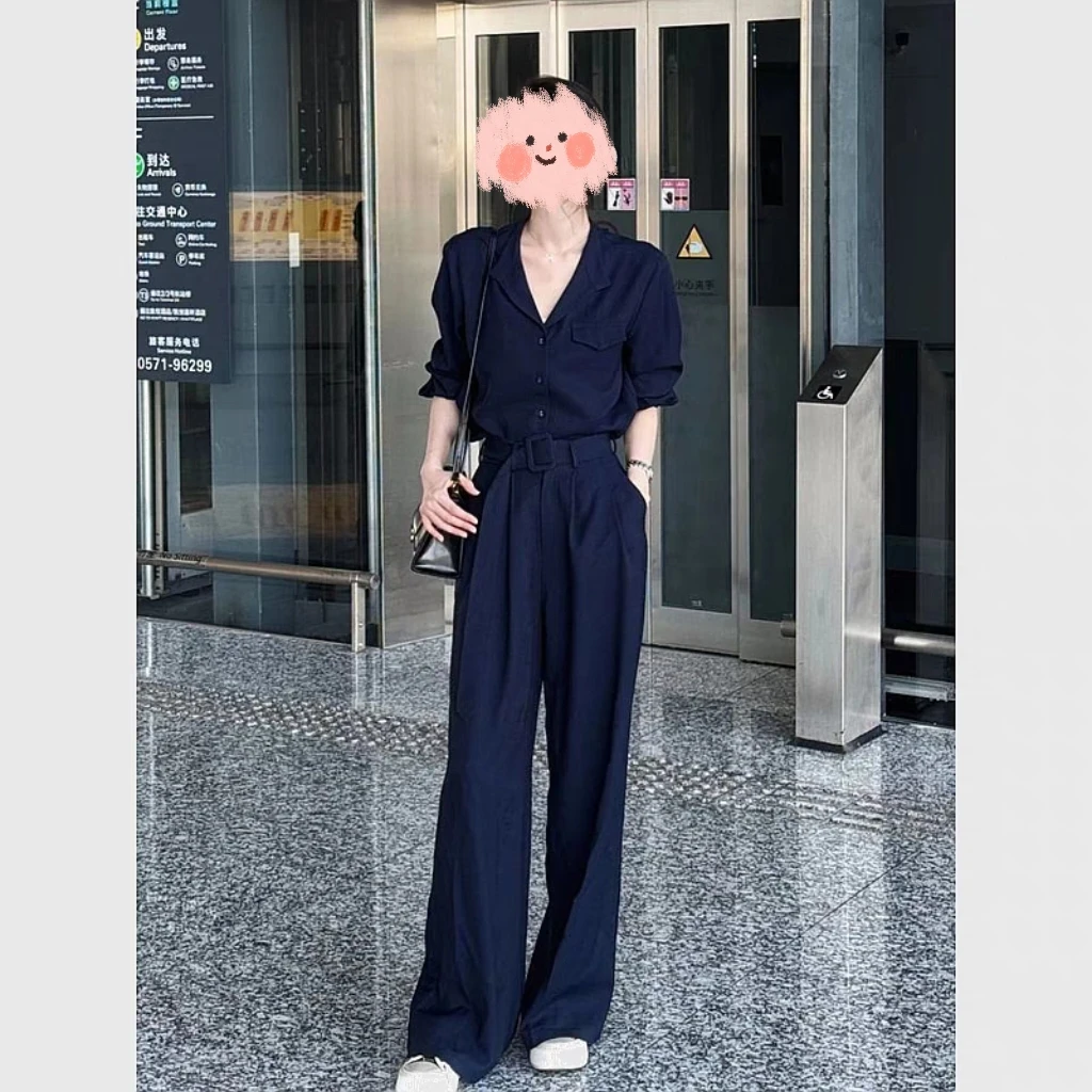 藏青色衬衫套装女2025夏季新款韩版翻领通勤衬衣高腰直筒裤两件套