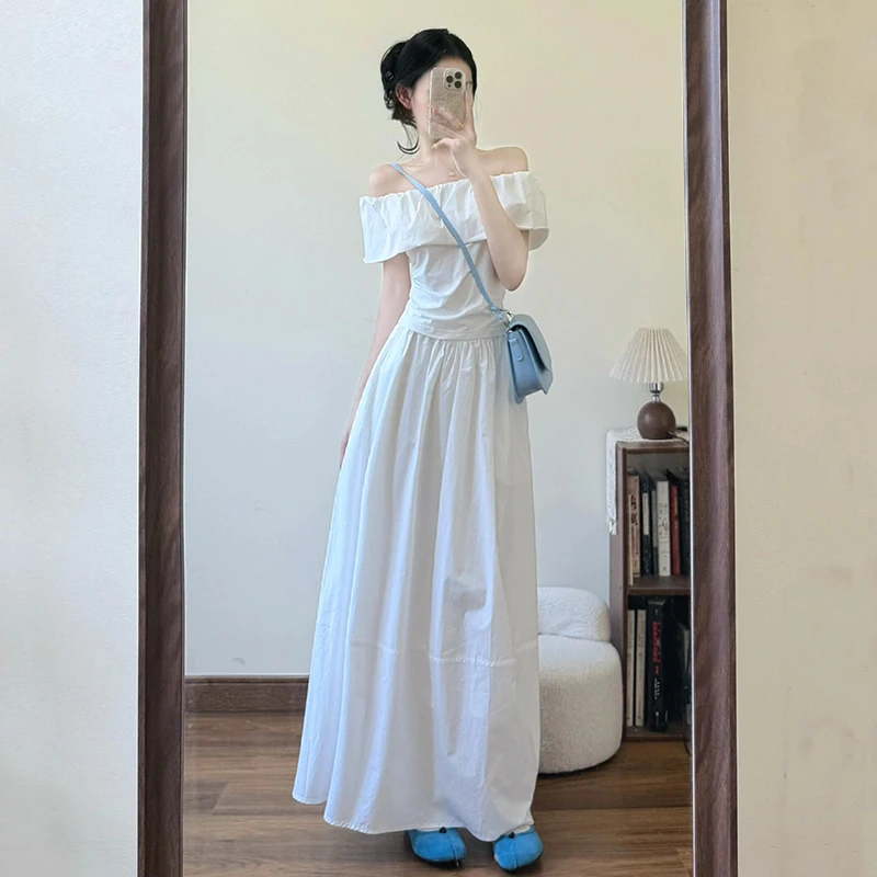 一字肩白色连衣裙女夏季2025新款气质法式蕾丝显瘦长裙高级感裙子