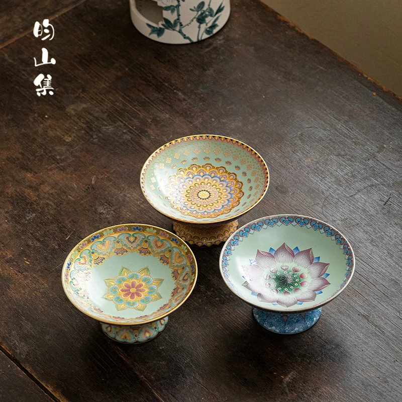 珐琅彩汝窑高脚茶点盘客厅拜佛供盘水果盘糕点盘佛手柑托盘贡品盘