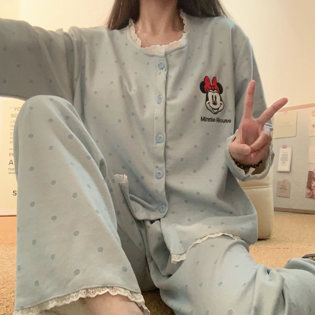 秋冬季羊绒睡衣女款蓝色日系可爱学生保暖休闲宽松舒适家居服套装