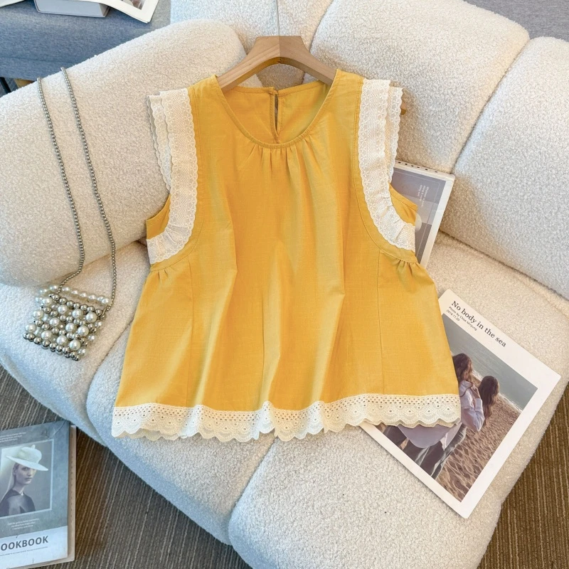 设计感蕾丝花边拼接圆领无袖背心衬衫女装2025夏季甜美减龄娃娃衫