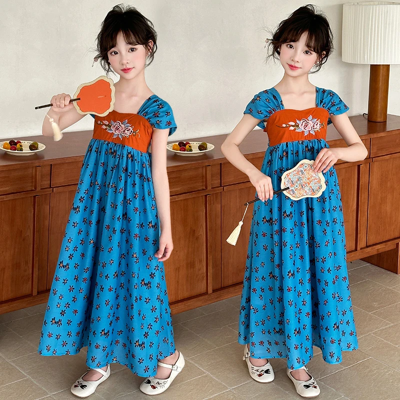 女童唐风刺绣背带裙2025新款夏季儿童汉服唐装国风连衣裙日常可穿