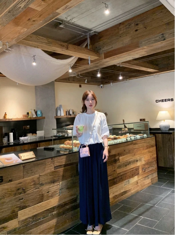 花苞垂垂裤/夏日空气凉感休闲裤九分阔腿裤垂顺松紧腰藏青色