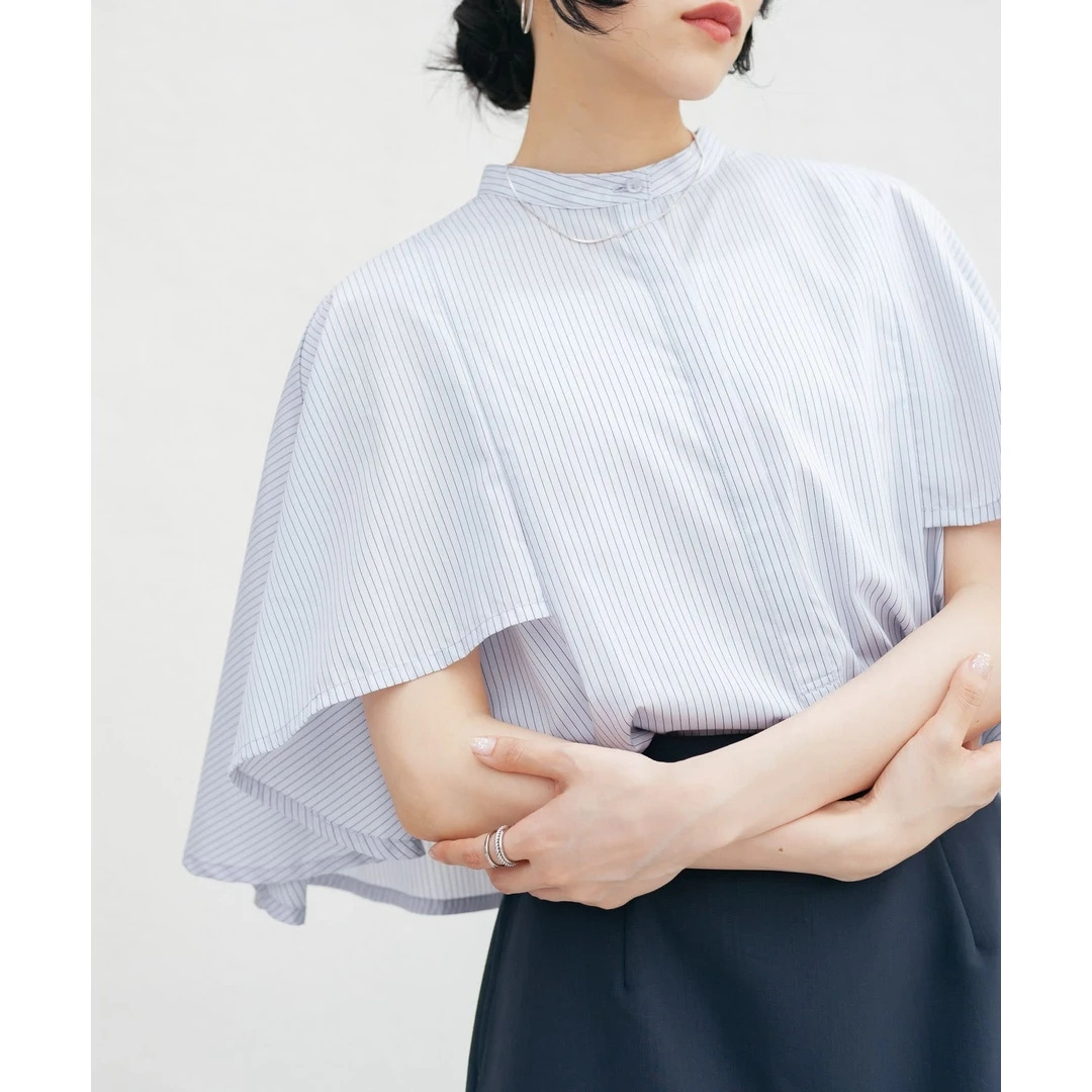 【表姐家】夏季新款 K 斗篷式条纹宽松单排扣衬衫气质短袖上衣