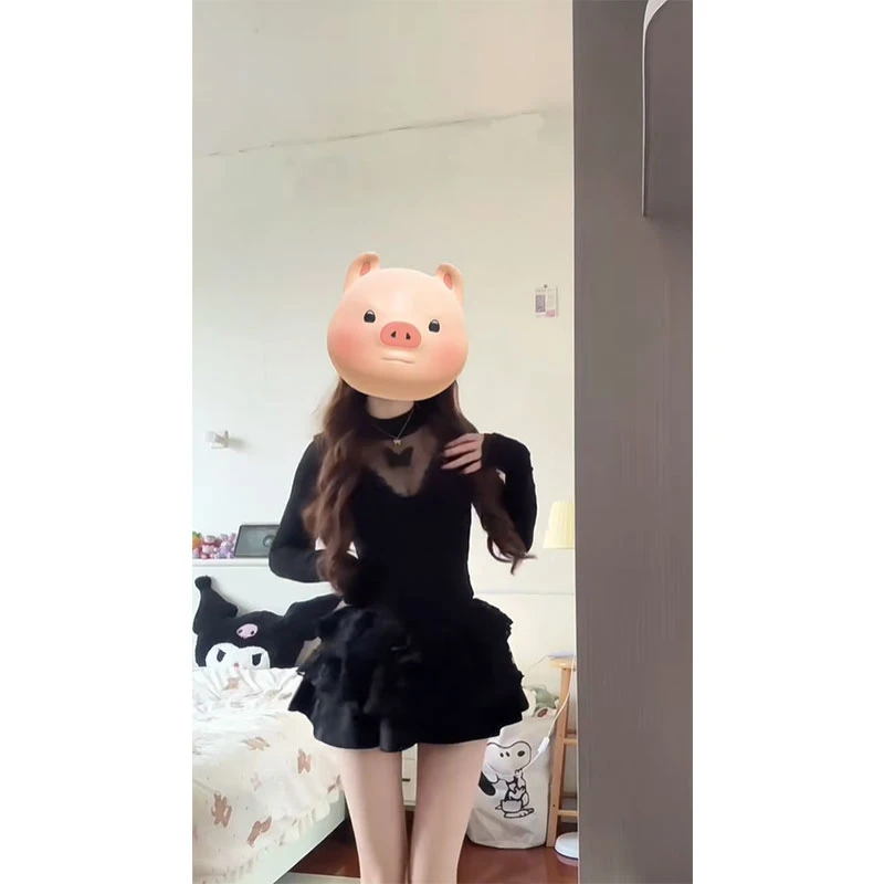 【茶会甜漫】春季新款韩系蕾丝甜辣内搭针织T恤配高腰半身裙两件套