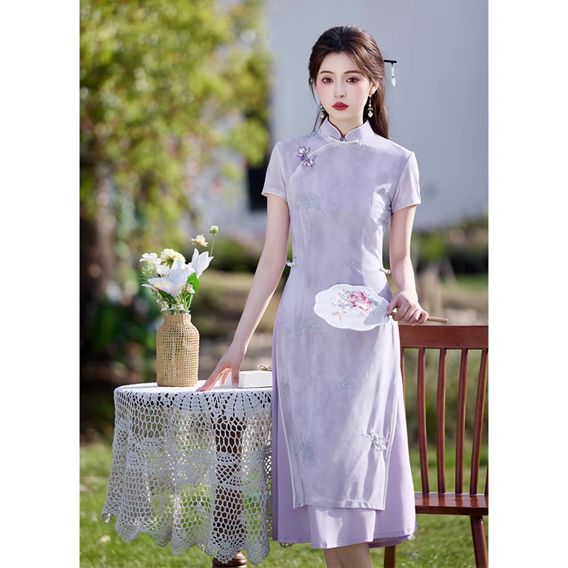 奥黛改良旗袍高端大气少女年轻紫色气质2025年新款国风日常连衣裙