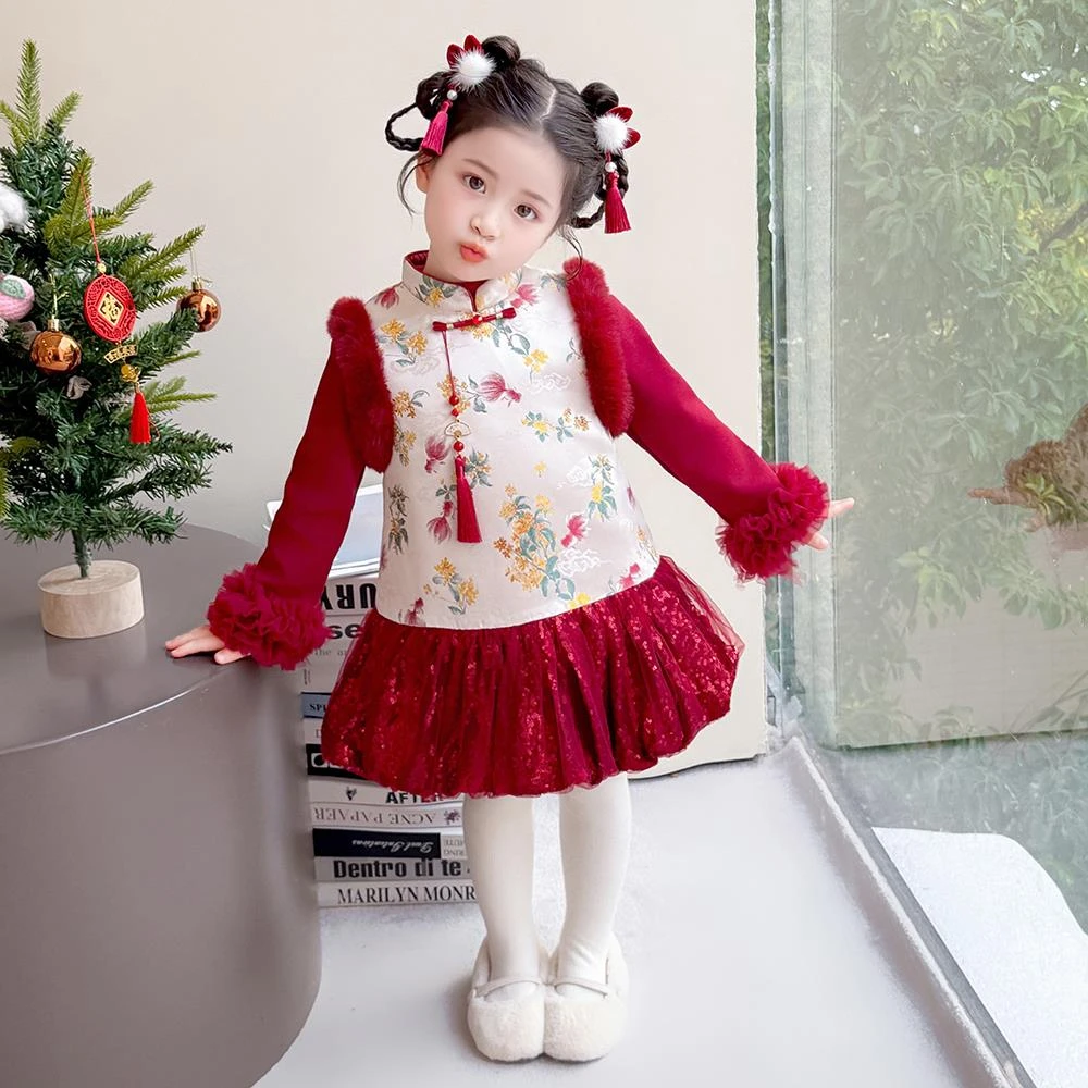 女童冬装汉服背心裙套装儿童加绒打底衫公主裙女宝宝拜年服两件套