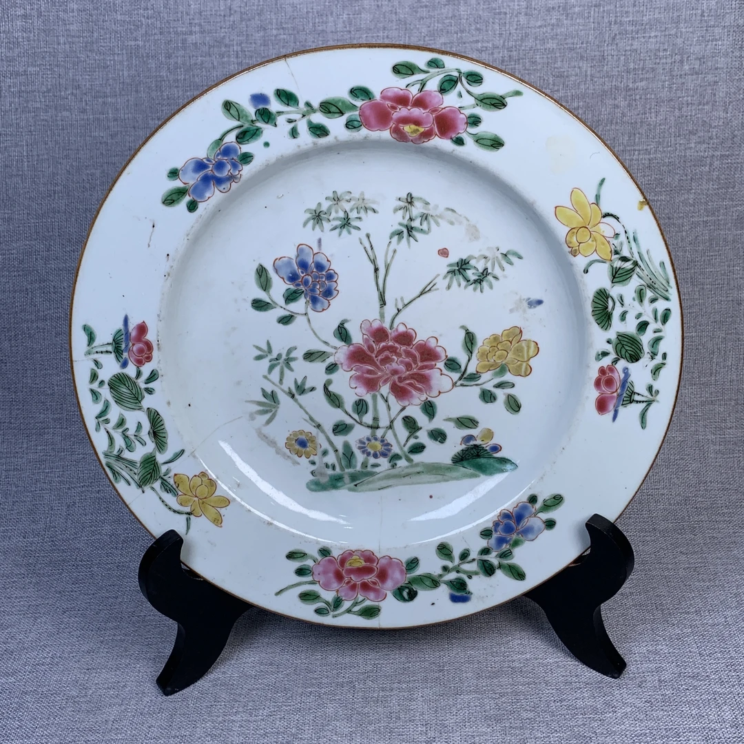 清代粉彩洞石花卉盘古瓷器真品国营镇江市文物商店库出3068105