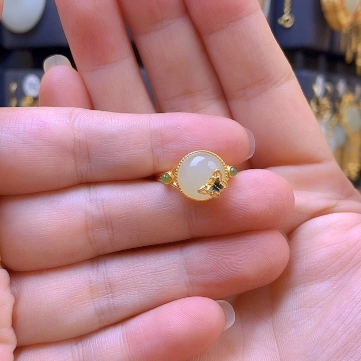 银S925镀金镶嵌戒指和田玉