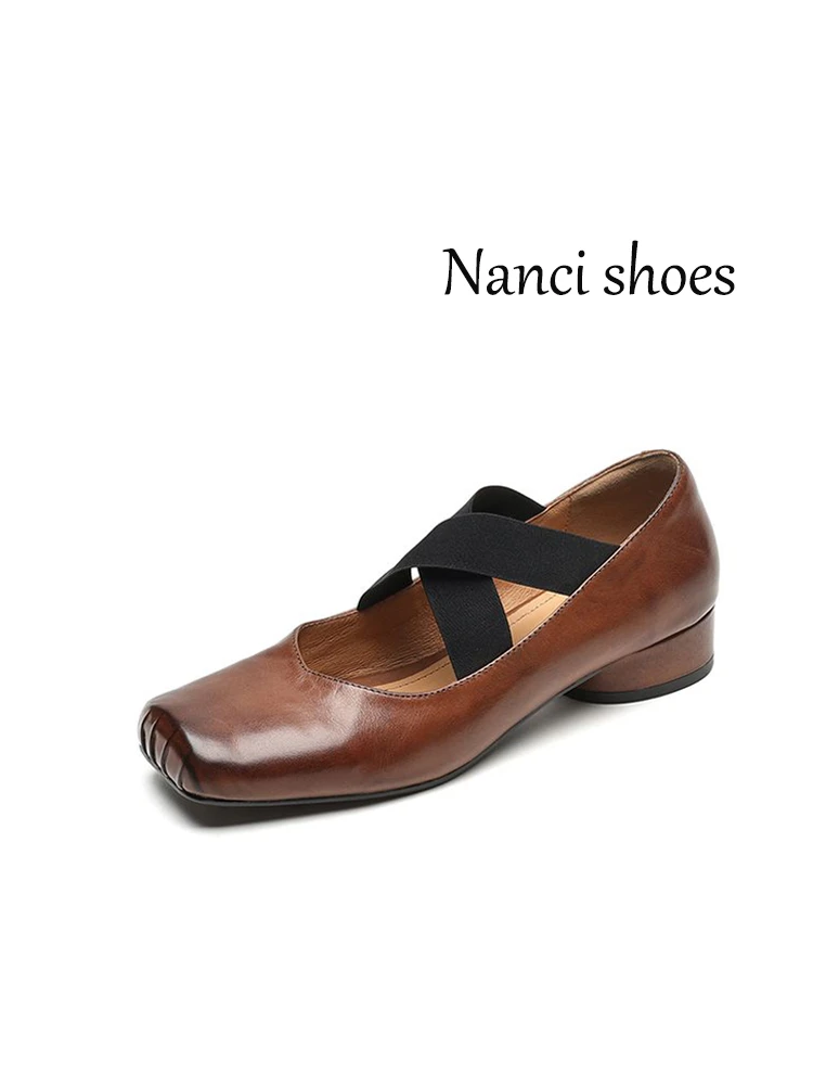 3CM头层水洗牛皮方头芭蕾舞鞋粗跟复古玛丽珍高端水洗真皮女鞋