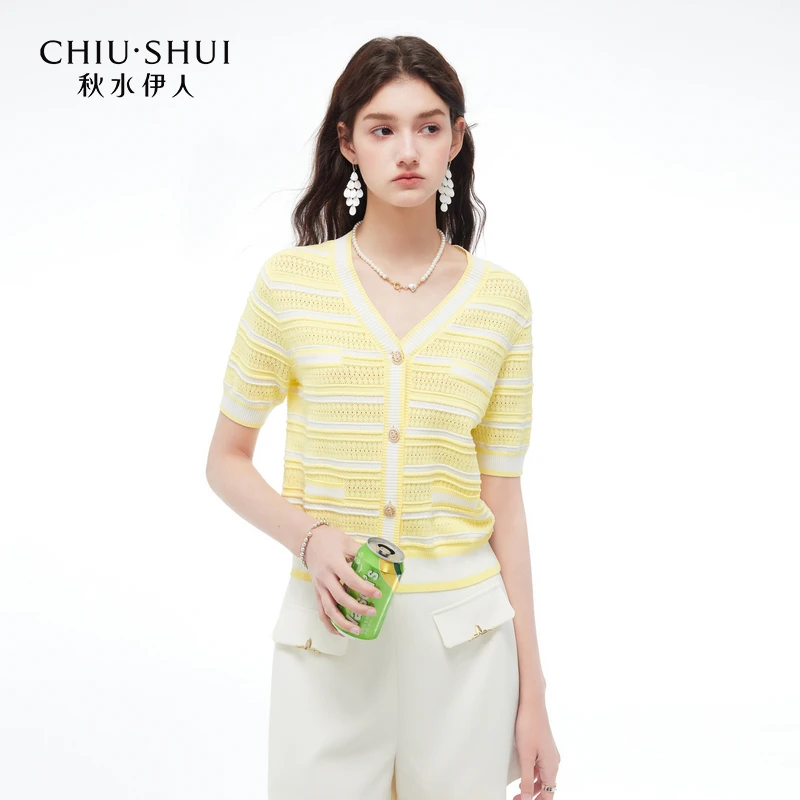 【丽公主】秋水伊人V领针织开衫女装条纹短袖上衣624202A100203