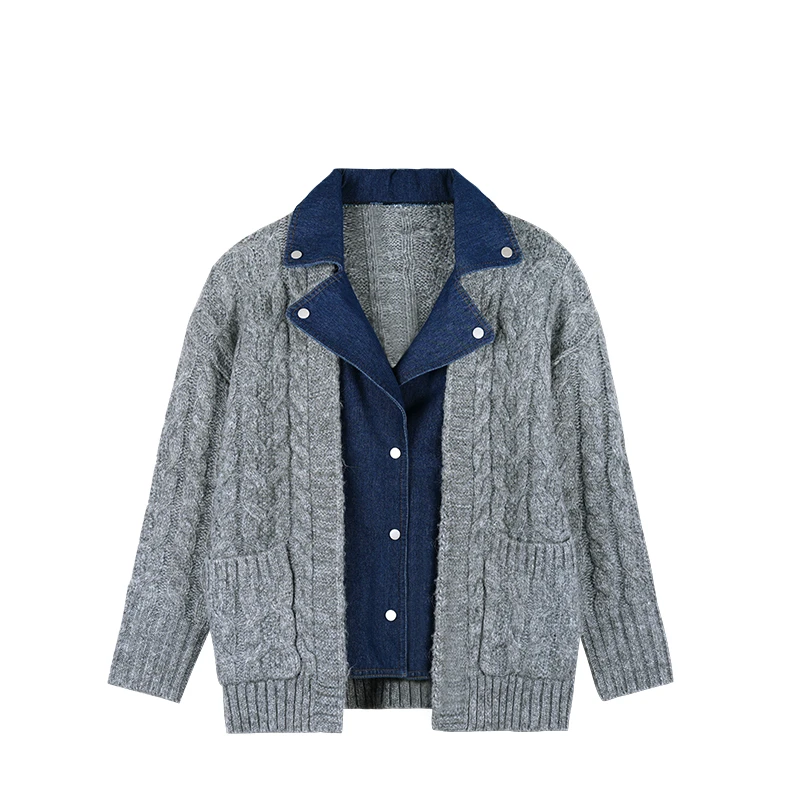 牛仔拼接毛衣外套女2024秋冬设计感小众中长款针织毛衣拼接开衫