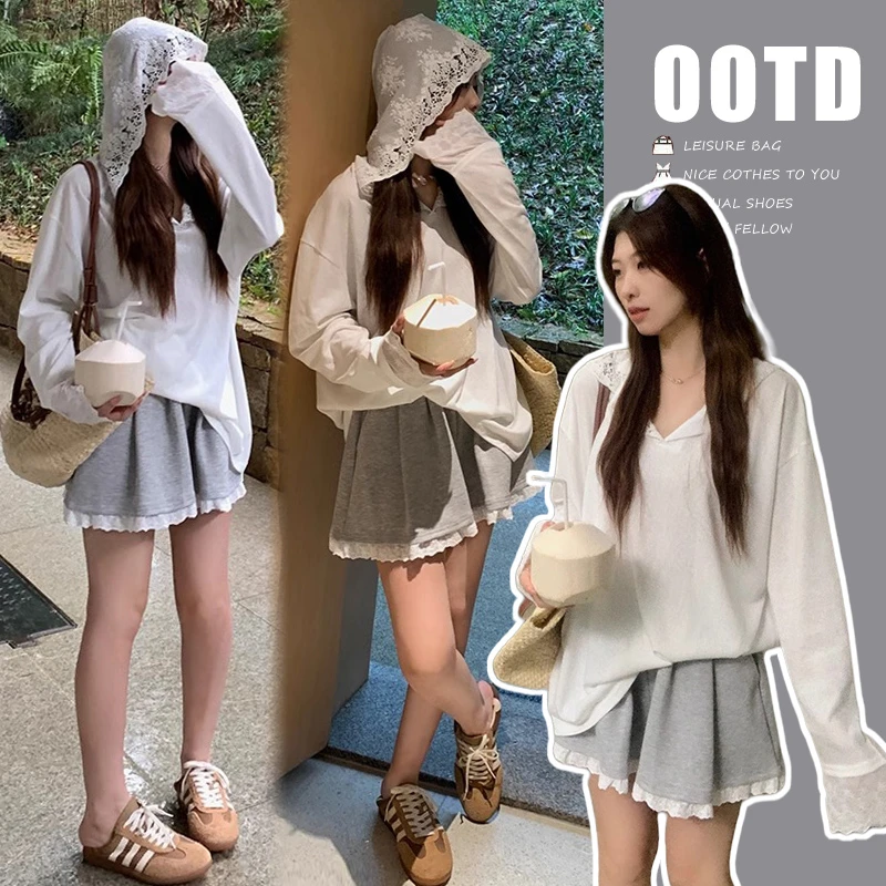 孕妇装春夏钩花白色蕾丝上衣拼接连帽T休闲防晒蕾丝拼接孕妇短裤