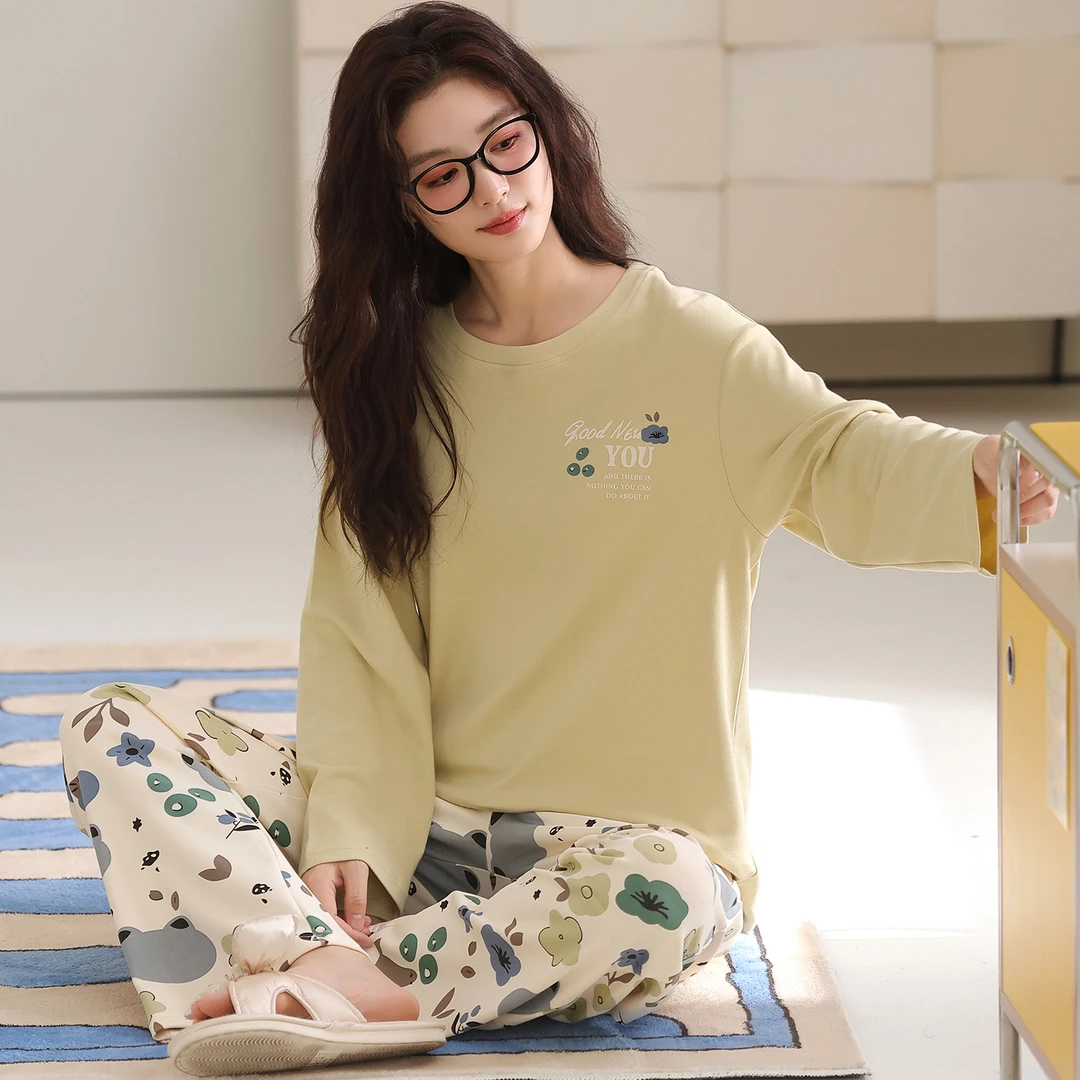 卡之恋睡衣秋冬新款长袖40支紧赛精梳双面纯棉奶绿碎花可外穿居服