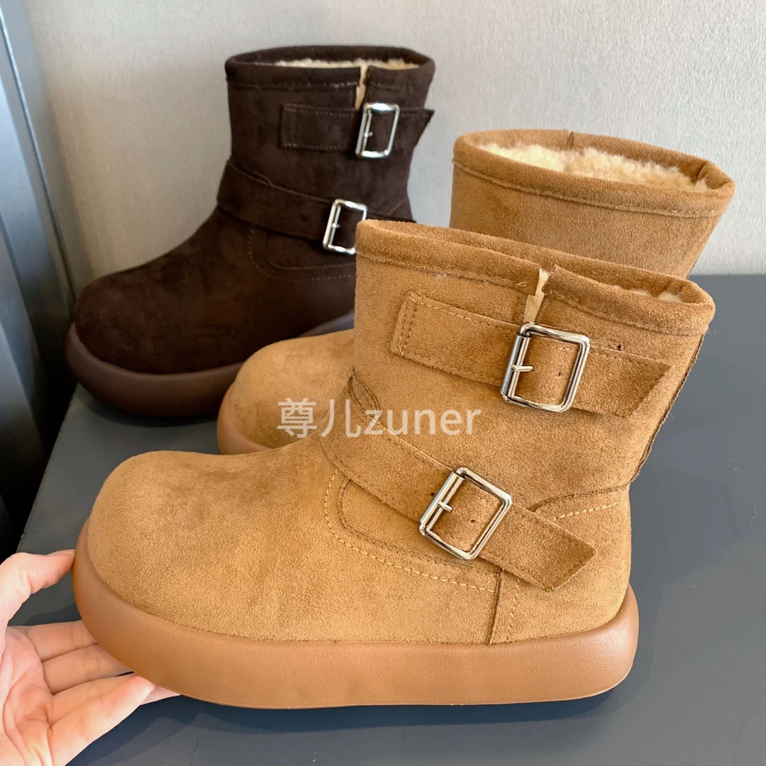 尊儿2025时尚新款雪地靴冬季保暖加绒厚底百搭棉靴中筒一脚蹬靴子