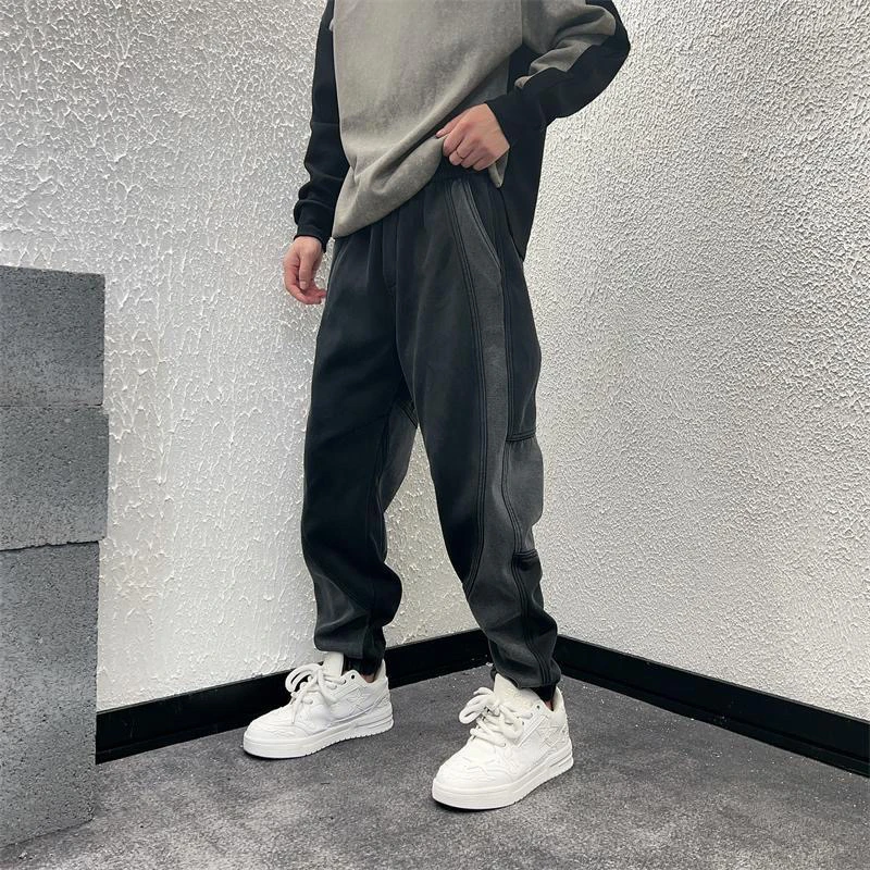 秋冬新款重磅美式时尚加绒运动休闲裤男士潮流宽松束脚拼接长裤