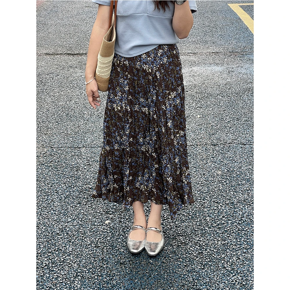 WenWen小个子韩系新款穿搭碎花压褶工艺半身裙高腰时尚显瘦裙3896