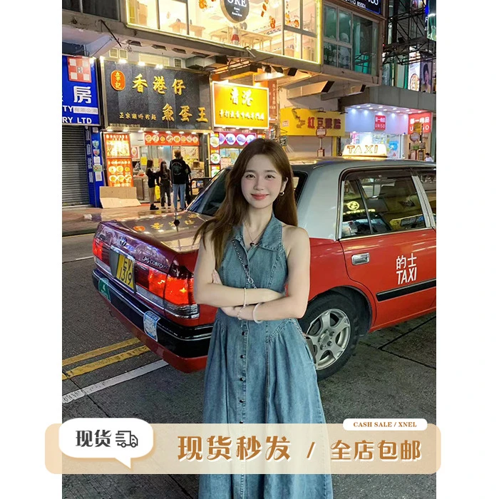 【现货】陳文文【港岛假日】复古收腰先显瘦无袖牛仔连衣裙2L4089