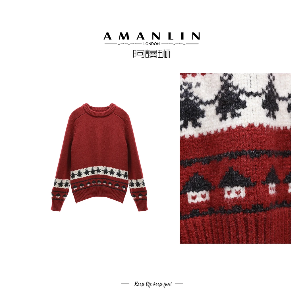 冬季圣诞节显瘦穿搭设计感圆领套头毛衣上衣F595009