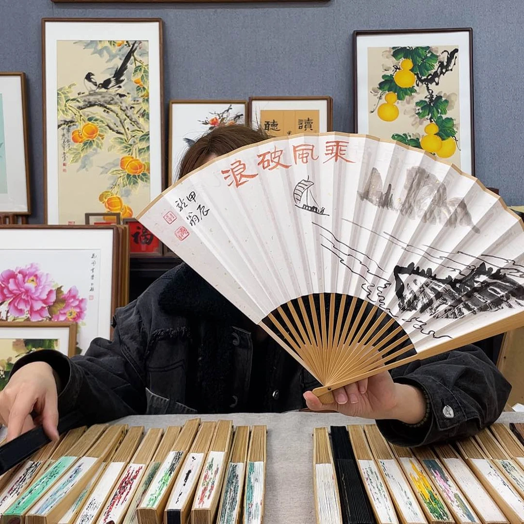 国画95寸玉竹-纯手绘-文玩扇骨（默认粘好）