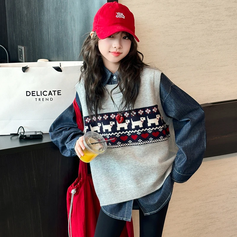 女大童套装2025春秋新款中大童女孩洋气时髦休闲马甲衬衫两件套