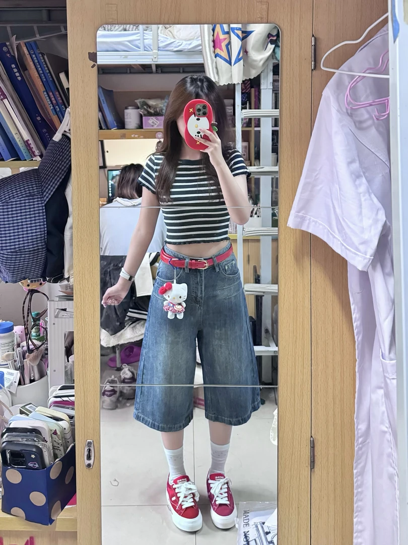 不挑腿型美式七分牛仔裤女2025夏季薄款高腰显瘦阔腿裤