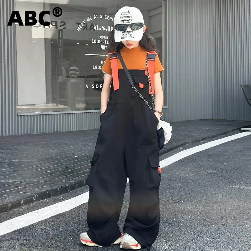 ABC女童夏季背带裤套装2025新款洋气女大童时髦夏装儿童潮酷工装