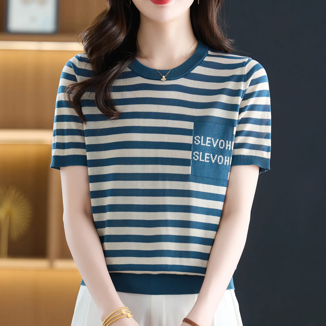 【新客立减】凉感天丝圆领短袖T恤女夏短款条纹套头上衣宽松针织衫