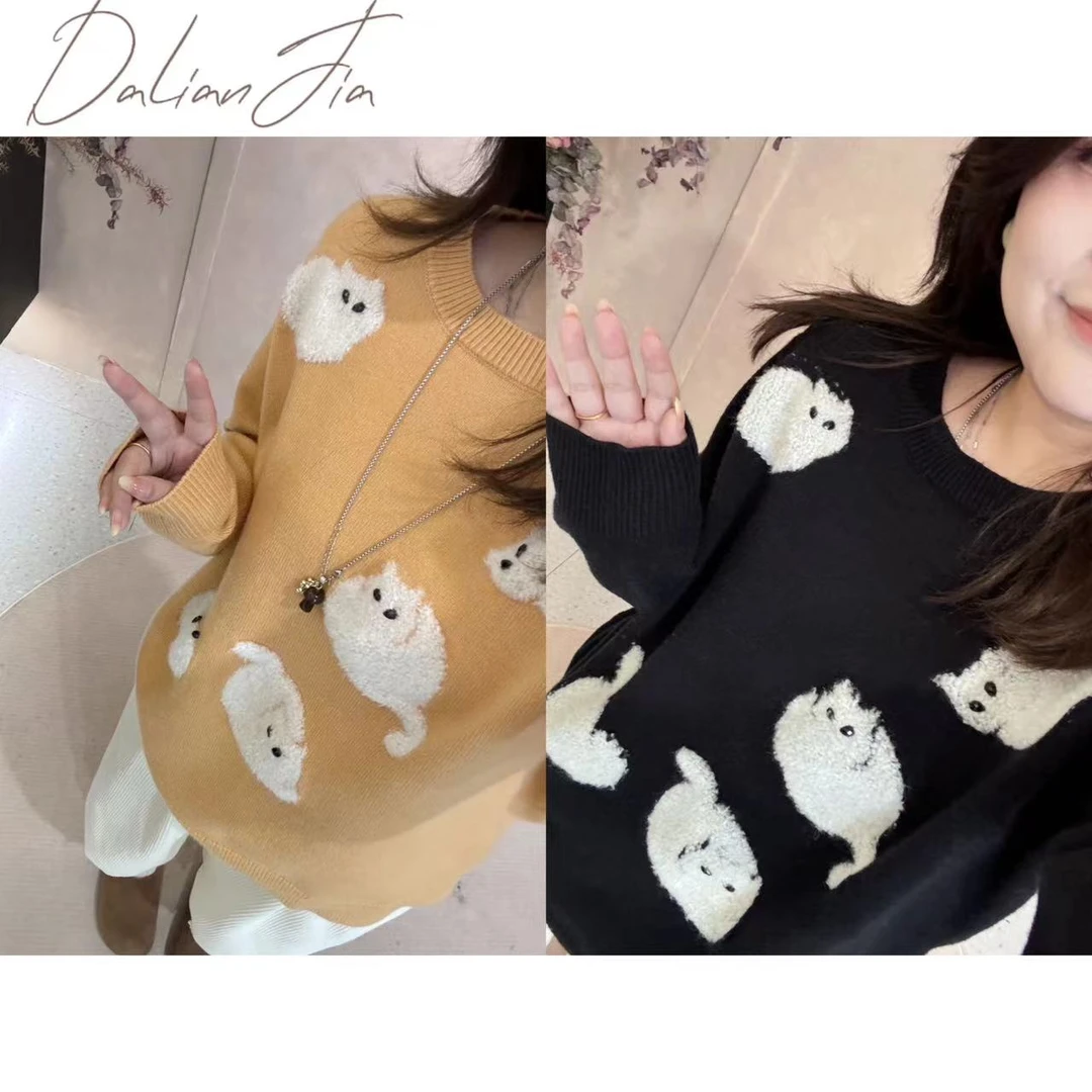 晶咕【绒绒小咪】卡通圆领宽松毛衣针织时尚慵懒风秋冬韩版套头