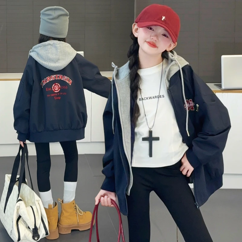 女童秋款假两件外套2025新款6-15岁中大童洋气休闲风时髦潮酷百搭