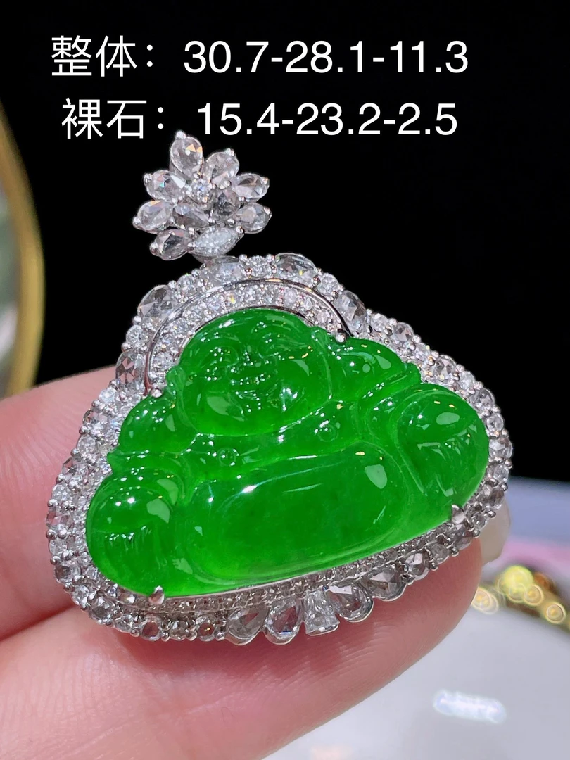 翠翠笙天然缅甸A货翡翠18k金南非真钻高冰阳绿辣绿佛公吊坠