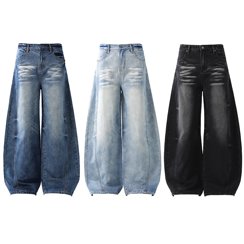 【侯二胖】水洗渐变男生夏季宽松街头美式弯刀牛仔裤子