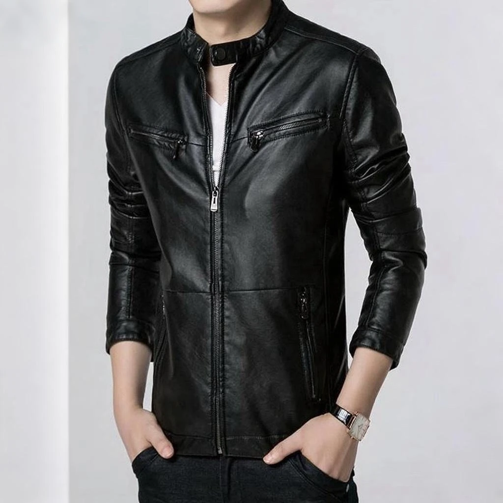 时尚修身男士真皮皮衣休闲简约立领皮夹克（直播间为准扣号下单）