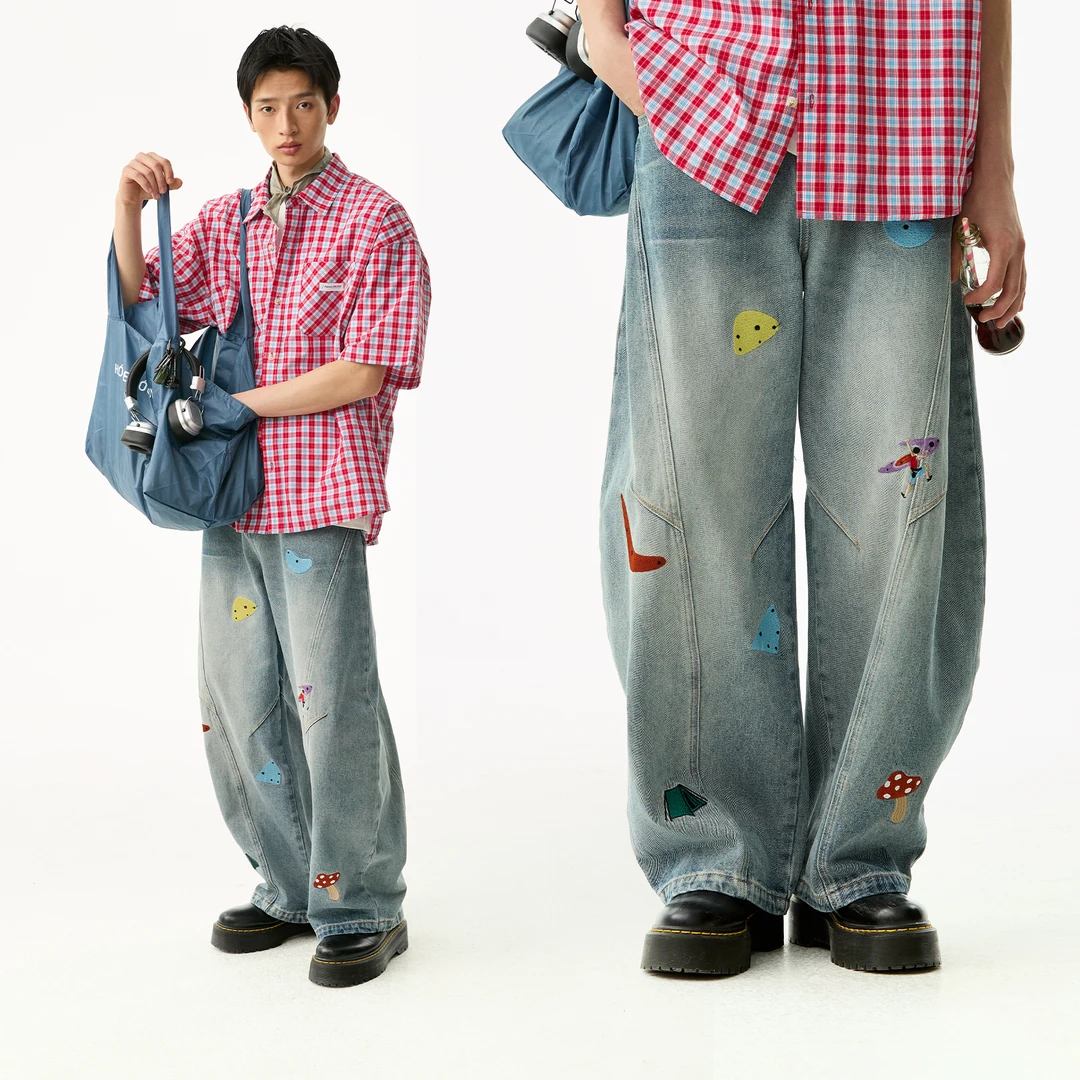 【江南先生】户外刺绣百搭显高显瘦长裤美式绣花牛仔弯刀裤JN52C50