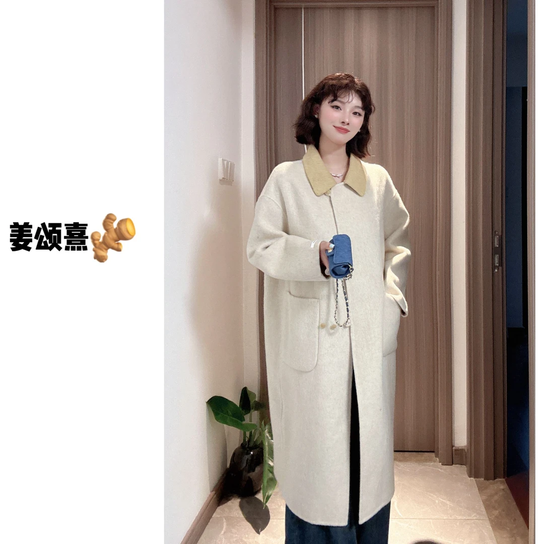 5517 秋冬韩版小个子简约风翻领撞色显瘦时尚气质长款羊毛大衣