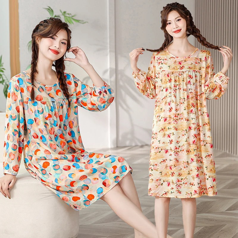 新款睡衣女长袖睡裙棉绸春夏季薄款宽松休闲空调服中长款家居服