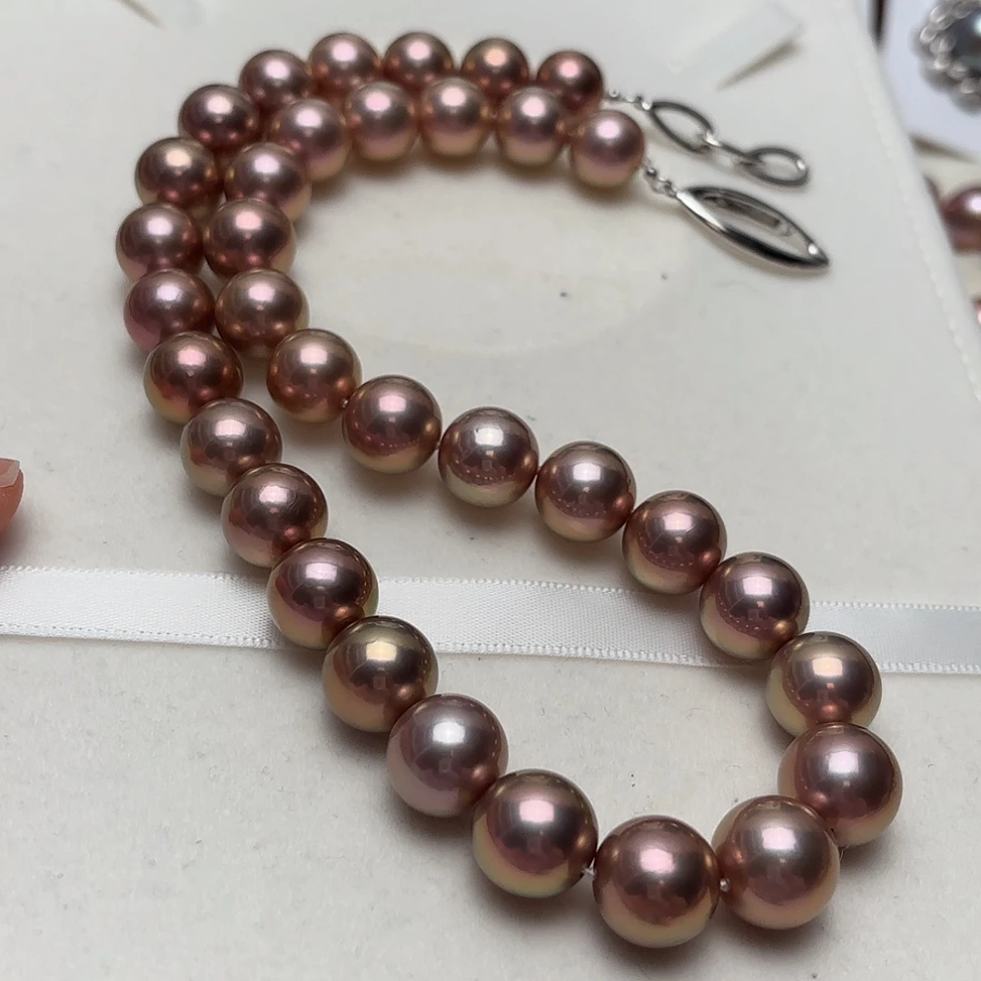 颈饰淡水珍珠银S925镶嵌11-13正圆牛油果玫瑰金