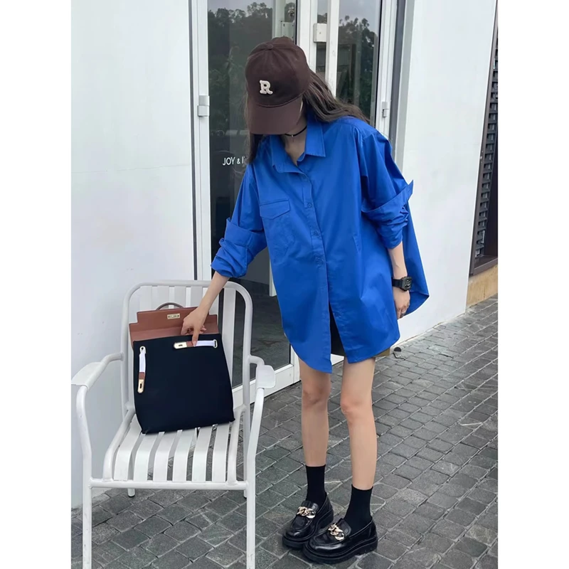 2025早春韩版克莱因蓝休闲长袖衬衫女宽松高级感叠穿气质上衣