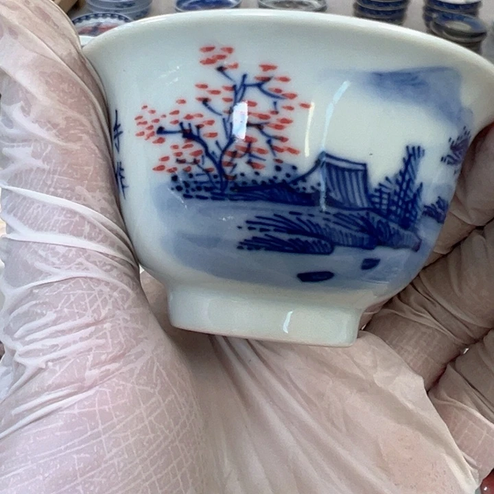 瓷片白青花纯手工茶手绘压手杯客杯