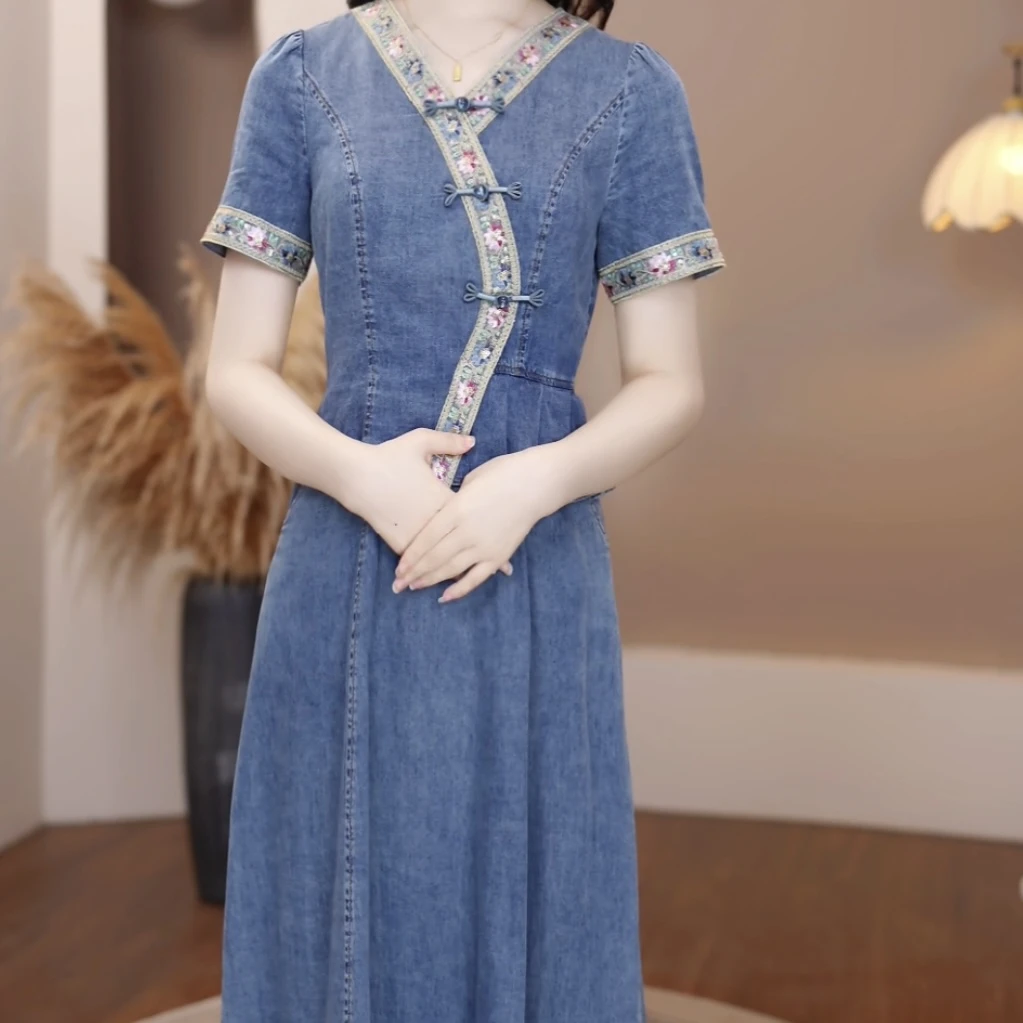 【新款-318】夏季新款藏族风牛仔蓝连衣裙收腰显瘦气质优雅时尚减龄